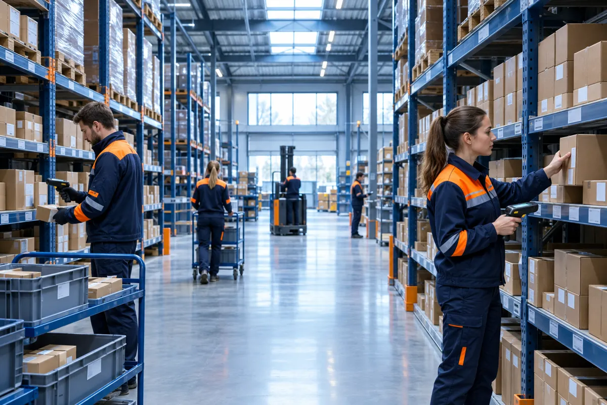 Warehouse workers picking orders between shelves of boxes
